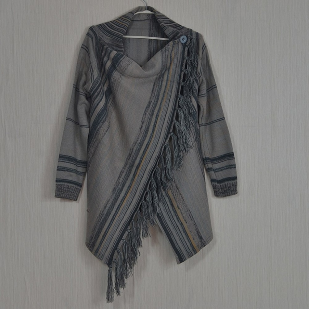 BECHET Grey Striped Boho Fringe Poncho Sweater - Picture 8 of 8